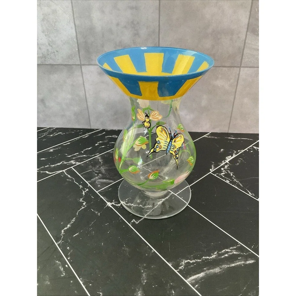 Butterfly Meadow Dragonfly Ladybug FlowerHand Painted Glass Vase 6”